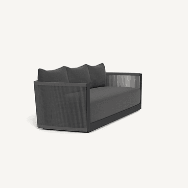 A modern outdoor sofa with a dark grey frame and woven rope detailing on the sides. The sofa features a flat seat cushion and three back cushions, all upholstered in a dark grey fabric. The frame appears to be made of metal, and the rope detailing suggests it is designed for outdoor use. The overall aesthetic is minimalist and contemporary. — 3D model