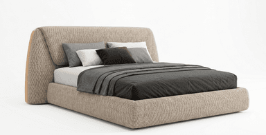 A modern upholstered platform bed featuring a low-profile frame and a distinctive, sculptural curved headboard, all covered in a textured light beige fabric. The bed is presented with dark grey bedding and assorted pillows. — 3D model