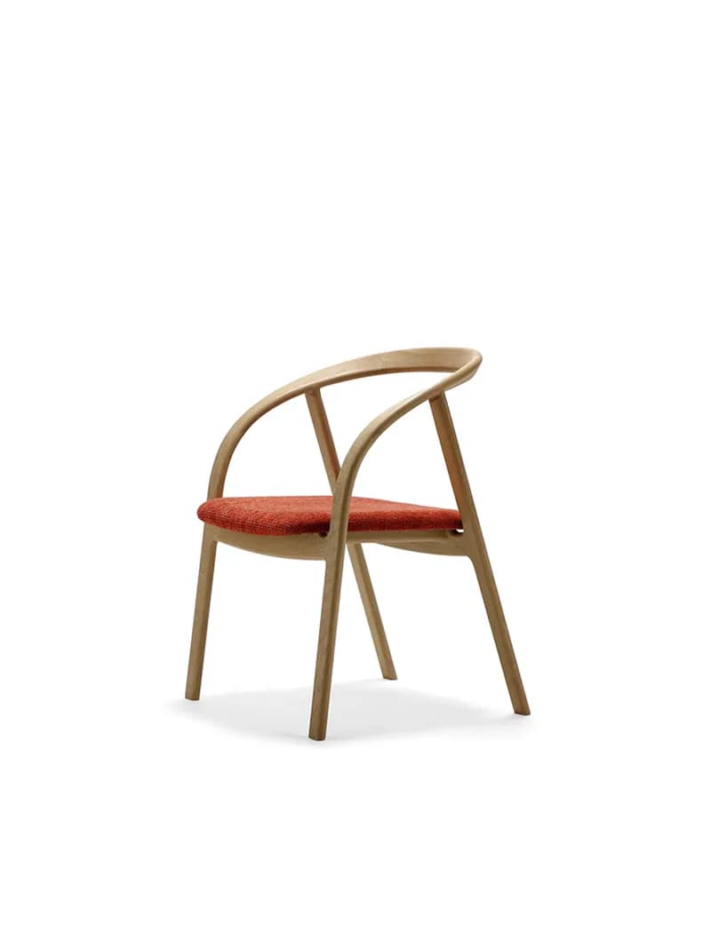 A modern armchair with a curved wooden frame and an upholstered seat. The frame is composed of bentwood elements forming the legs, seat base, and arms that flow into a continuous curved backrest. The seat is upholstered in a textured orange fabric. — 3D model