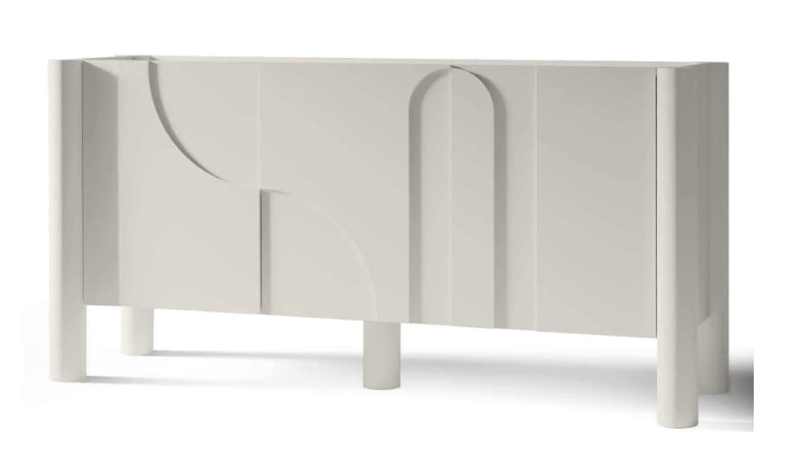 A modern sideboard featuring a distinctive sculptural relief pattern across its front doors, standing on four cylindrical legs. The piece is finished in a smooth, light gray or off-white lacquer. — 3D model