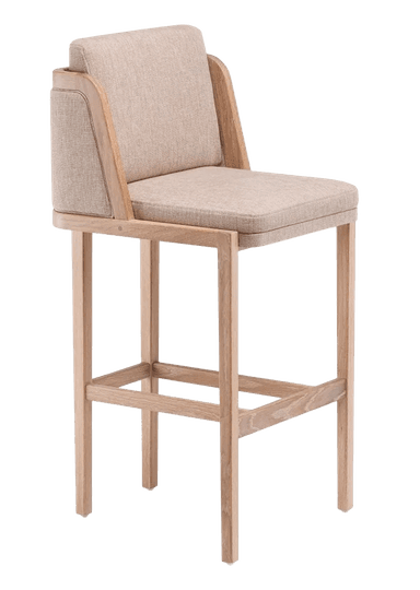A modern bar stool with a wooden frame and upholstered seat and backrest. The stool has four straight legs connected by horizontal supports for stability. The seat and backrest are covered in a textured, light brown fabric. — 3D model