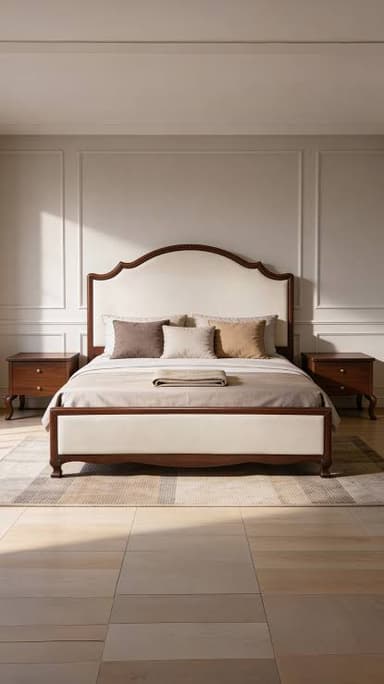 A bed frame featuring a dark-stained wooden structure with light-colored fabric upholstered panels on the headboard and footboard. The headboard has a distinctive curvilinear top edge, adding a classic touch to the design. The bed includes a mattress and neutral-toned bedding, completing the look. — 3D model