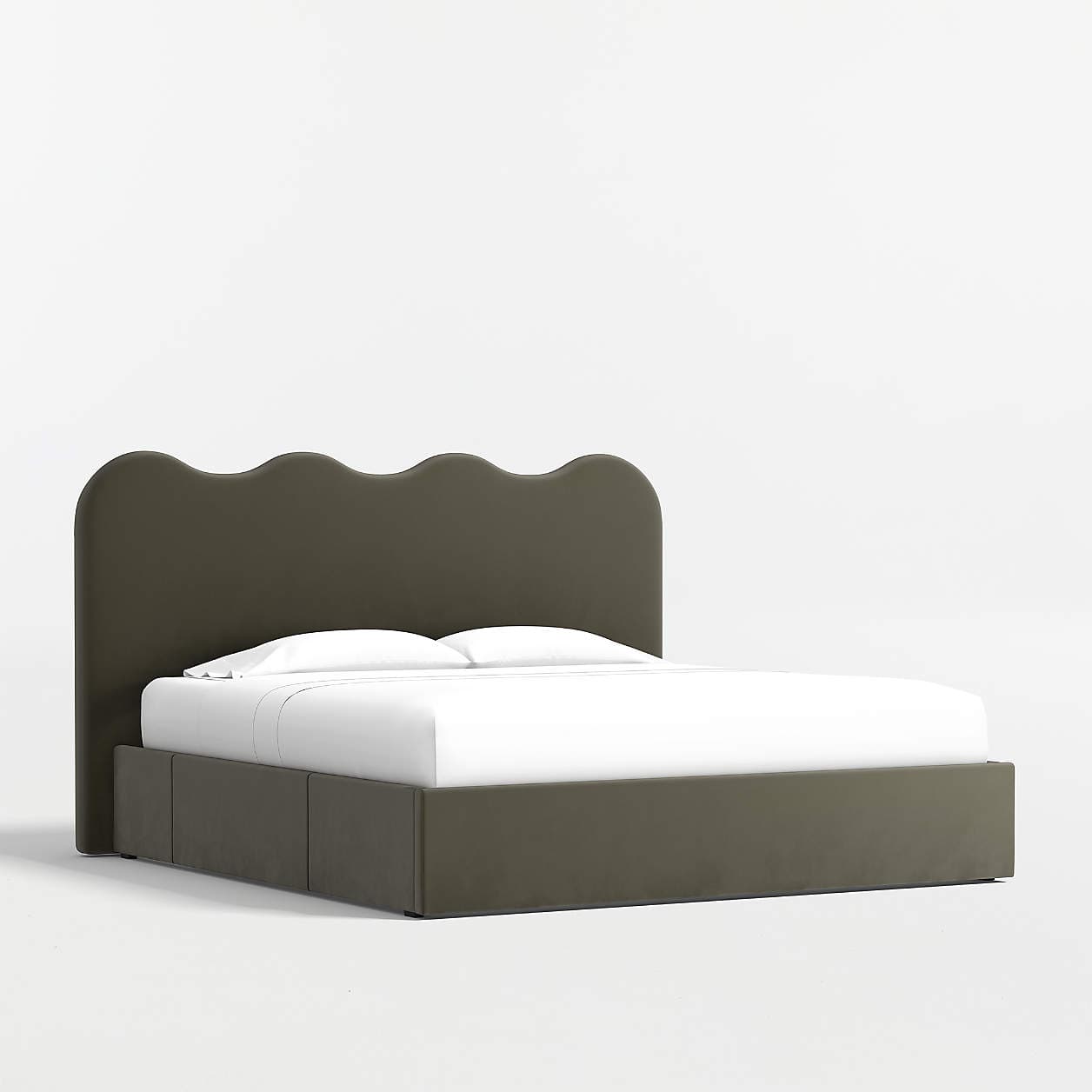 A bed frame with a scalloped headboard and a platform base. The headboard has a curved, wavy top edge. The bed frame is upholstered and appears to have storage drawers integrated into the base, with distinct panel lines visible on the front and sides. White bedding, including a sheet and two pillows, is present on the mattress. — 3D model
