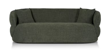 A sofa with a plush, rounded design and integrated armrests. The sofa features a deep seat and a high back, upholstered in a textured, dark green fabric. Two matching throw pillows are placed on the sofa. The base of the sofa is low-profile and appears to be integrated into the overall rounded form. — 3D model
