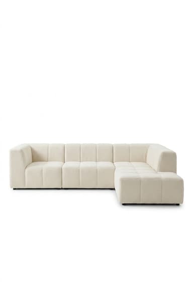 An L-shaped contemporary sectional sofa upholstered in light-colored boucle fabric, featuring channel tufting on the backrests and arms, and square tufting on the seat cushions. — 3D model