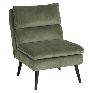 A medium-sized, modern armless lounge chair upholstered in olive green corduroy fabric, featuring separate back and seat cushions and supported by four splayed, tapered black legs. — 3D model