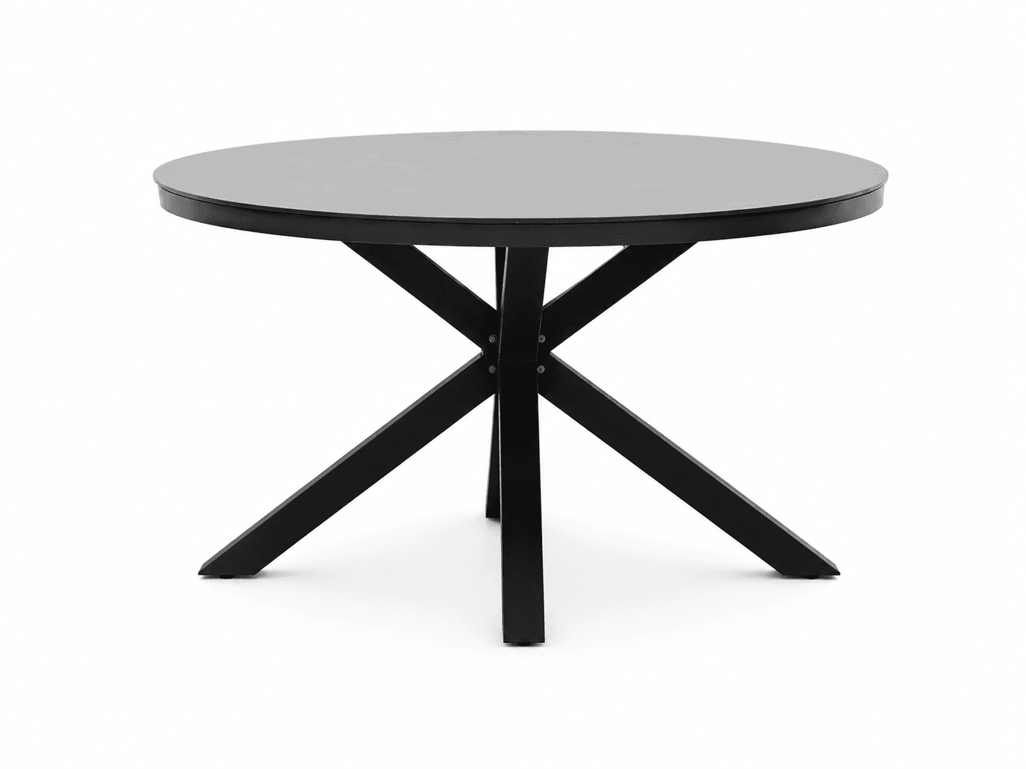A contemporary round dining table with a dark matte finish tabletop and a black metal pedestal base. The base features a geometric design with four splayed legs that intersect at the center, creating a visually dynamic structure. The tabletop has a slight beveled edge. — 3D model