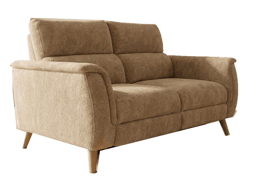 A contemporary two-seater sofa, or loveseat, upholstered in a tan fabric with rolled armrests and tapered wooden legs. — 3D model