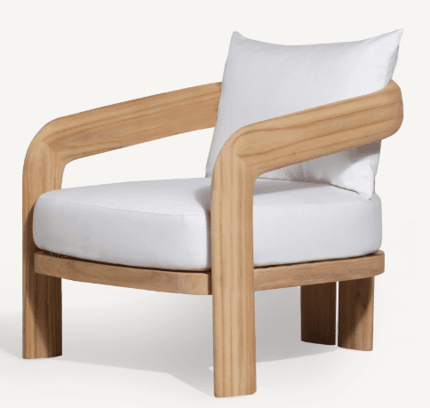 A contemporary armchair featuring a robust natural wood frame with rounded, integrated armrests and thick, plush white upholstered cushions on the seat and back. — 3D model