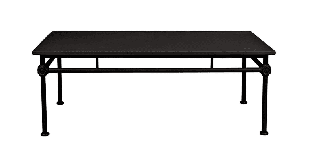 A rectangular coffee table with a dark, matte finish. The table features a solid, rectangular top and a base constructed from thin, dark metal rods. The legs are cylindrical and appear to have decorative circular elements where they meet the horizontal supports. There are also horizontal stretchers connecting the legs for stability. — 3D model