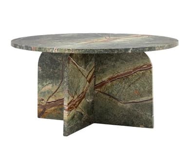 A monolithic coffee table crafted entirely from green marble with distinctive reddish-brown veining. It features an oval tabletop supported by a sculptural base composed of two arched segments, one solid and one split down the middle. — 3D model