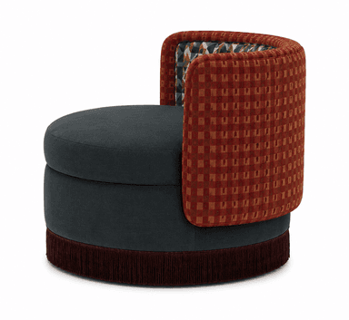 An upholstered barrel-back accent chair featuring a circular seat and a low, continuous back and armrest structure. The seat and the lower body are upholstered in a solid dark grey fabric. The exterior of the back and arms is covered in a reddish-brown textured fabric, while the interior back showcases a multi-colored geometric pattern. A decorative fringe in a matching dark reddish-brown hue encircles the base. — 3D model