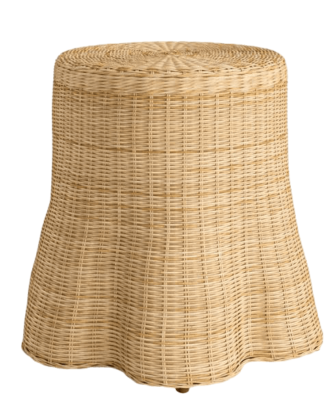 A woven stool with a cylindrical top and a flared base. The weaving pattern is consistent across the entire structure, creating a textured surface. The stool appears to be lightweight and portable. — 3D model
