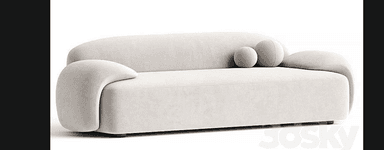 A contemporary three-seater sofa featuring soft, organic forms, integrated curved armrests, and upholstered in a light-colored textured fabric. It sits low to the ground and includes two spherical accent cushions. — 3D model
