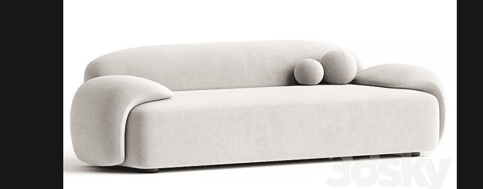 A contemporary three-seater sofa featuring soft, organic forms, integrated curved armrests, and upholstered in a light-colored textured fabric. It sits low to the ground and includes two spherical accent cushions. — 3D model
