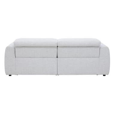 A contemporary three-seater sofa upholstered in a light gray textured fabric, featuring wide, subtly rounded armrests and distinct, structured back cushions. The sofa sits low to the ground on small, inconspicuous black feet, emphasizing a sleek and modern design. — 3D model