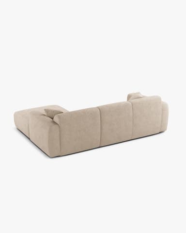 An L-shaped sectional sofa featuring a chaise lounge, upholstered in a light-colored, highly textured fabric, likely bouclé. The design is contemporary with a low profile, wide armrests, and plush, segmented seat and back cushions. The overall dimensions are indicated as 255 cm in width, 170 cm in depth for the chaise section, and 72 cm in total height. — 3D model