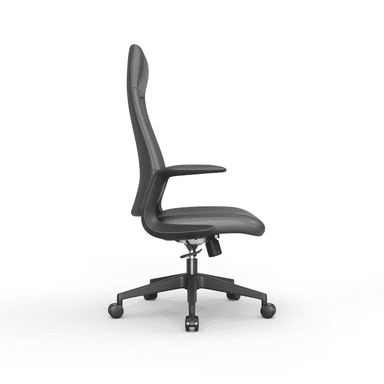 A modern high-back office chair upholstered in dark gray, featuring integrated armrests, a five-star caster base, and visible height adjustment lever. — 3D model