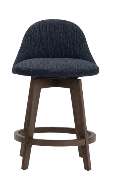 A swivel bar stool with a upholstered seat and backrest, supported by a wooden base. The seat and backrest are covered in a dark blue, textured fabric. The base consists of four legs connected by a circular footrest. The legs are angled outwards and feature a dark wood finish. — 3D model