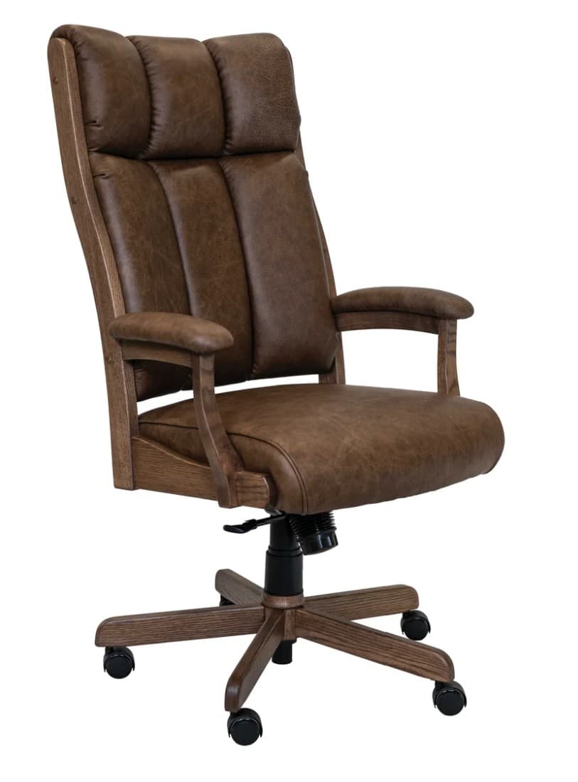 A high-back executive office chair featuring a warm brown faux leather upholstery over a visible wooden frame. The seat and backrest are generously padded with segmented sections, and it has padded armrests. The chair is equipped with a five-star wooden base with casters and a pneumatic lift for height adjustment and swivel functionality. — 3D model