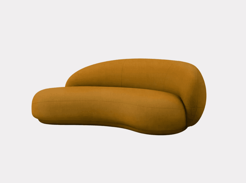 A sculptural, organic modern chaise lounge sofa upholstered in a mustard yellow plush fabric, featuring a continuous curved silhouette and a low-profile design. — 3D model