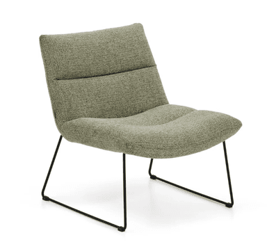 A modern lounge chair with a low profile and slender metal legs. The chair features a gently contoured seat and backrest upholstered in a textured, light green fabric. The backrest has a subtle horizontal tufting or seam detail. The base consists of thin, black, angular metal legs that provide a minimalist support structure. — 3D model