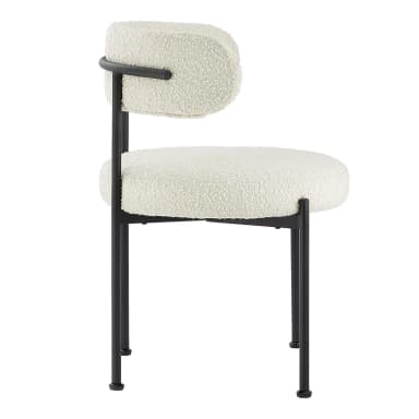 A modern armless chair featuring a rounded, padded seat and a cylindrical, horizontal backrest, both upholstered in a cream-colored boucle fabric. It rests on four slender, black metal legs. — 3D model