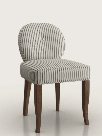 An elegant armless chair featuring a rounded, button-tufted backrest and a rectangular seat, both fully upholstered in a cream-colored fabric with thin, dark vertical stripes. The chair is supported by four dark brown, subtly curved cabriole-style wooden legs. — 3D model