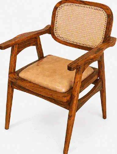 A mid-century style armchair featuring a solid wood frame, a natural cane woven backrest, and a light brown leather-padded seat. The chair has elegantly curved armrests that integrate seamlessly into the structure and stands on four tapered legs. — 3D model