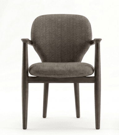 A contemporary dining armchair featuring a curved dark wood frame, a grey herringbone upholstered seat, and a plain grey faux leather upholstered backrest, viewed from a top-down perspective. — 3D model