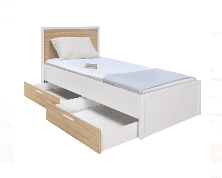 A single platform bed featuring a two-tone design with a white frame and light wood-grain headboard and drawer fronts. The bed includes two large, pull-out storage drawers integrated into its base, offering practical space-saving solutions. The design is clean and minimalist, suitable for modern interiors. — 3D model