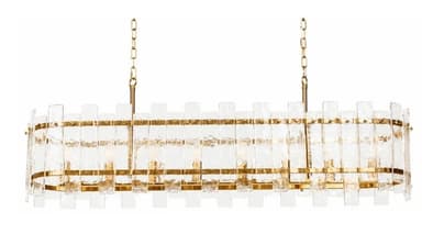 An oval-shaped chandelier featuring a polished brass frame adorned with multiple vertical textured glass panels. It is suspended by two brass chains. — 3D model