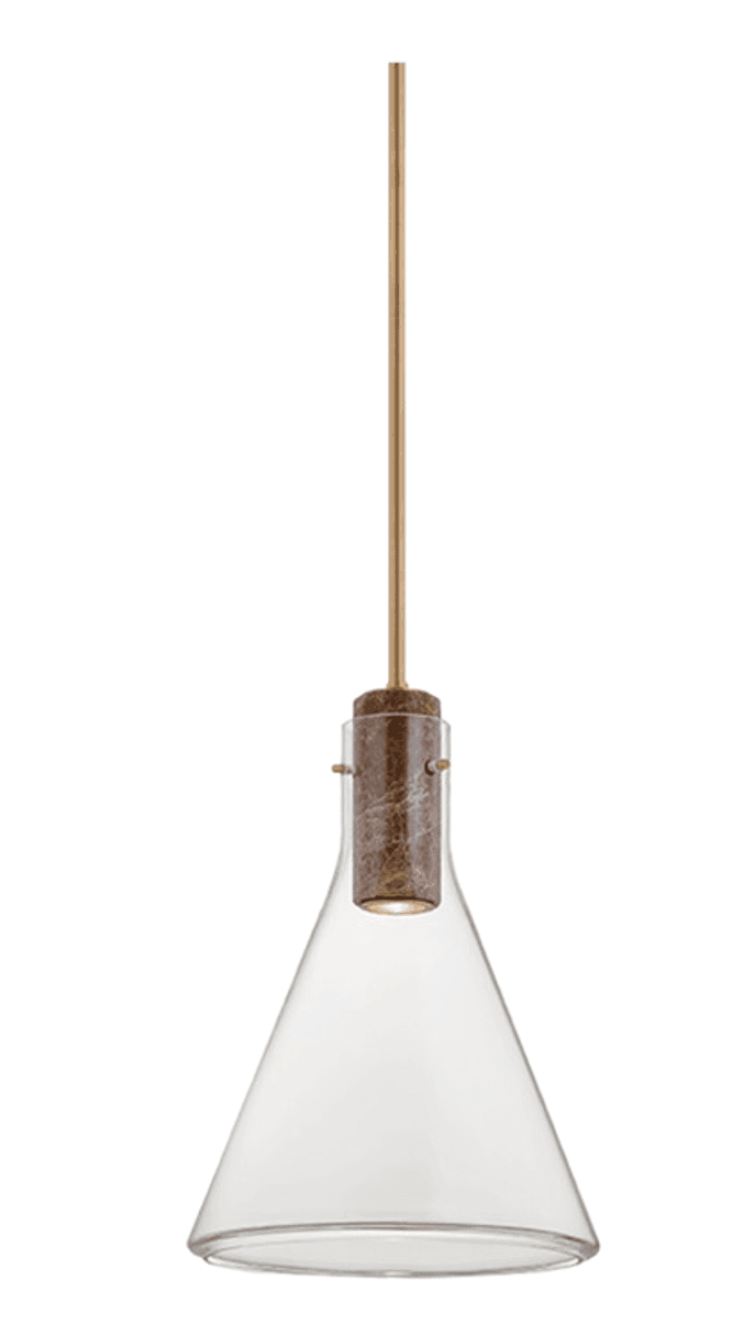 A modern pendant light featuring a frosted conical glass shade, suspended by a slender brass-toned rod and accented with a natural cork element at the top of the shade. — 3D model