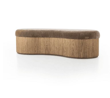 An oval-shaped ottoman with a plush velvet-like upholstered top and a wooden base. The base features vertical wood grain patterns, suggesting a veneered or solid wood construction with a natural wood finish. The transition between the upholstered top and the wooden base is seamless. — 3D model