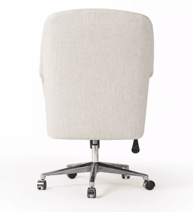 A light-colored fabric office chair with armrests and a five-star base with casters. The chair features a high back with a slightly curved top and integrated armrests that flow into the backrest. The upholstery appears to be a textured, woven fabric. The base is made of polished metal and includes a central pneumatic lift mechanism. — 3D model