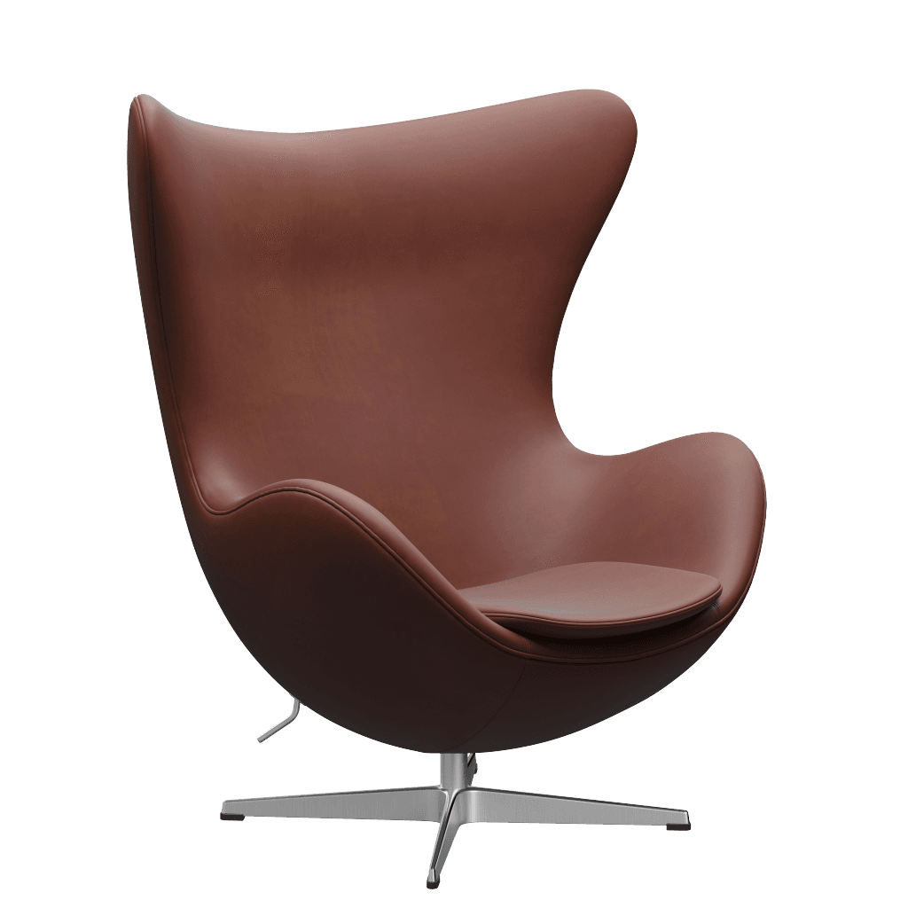 A classic Arne Jacobsen Egg Chair, upholstered in rich brown leather, featuring its characteristic organic curved high back and integrated arms, set on a polished silver four-star swivel base. The design is fluid and enveloping, creating a cocoon-like seating experience. — 3D model