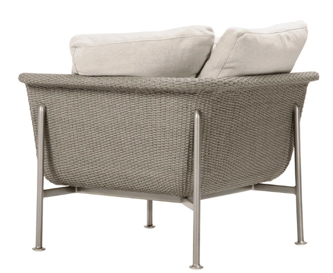 A modern armchair with a rounded, basket-like woven body and a metal frame supporting two cushioned seats and backrests. The base consists of four slender, angled metal legs. — 3D model