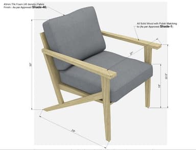 A modern lounge armchair with an exposed light-toned wooden frame and grey fabric cushions for the seat and back. The frame features straight armrests and subtly splayed rear legs, embodying a minimalist design. — 3D model