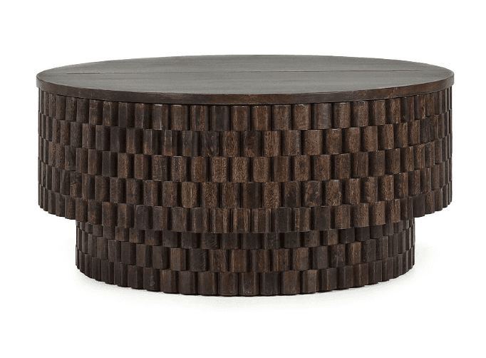 A dark brown round coffee table featuring a solid, circular top and a cylindrical base constructed from numerous individual rectangular wood blocks. The blocks are arranged in an offset, geometric pattern, creating a textured surface. The base is subtly tiered, giving it a stacked appearance. The overall aesthetic is modern and substantial, with a rich, dark wood finish. — 3D model