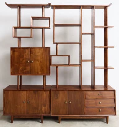 A mid-century modern style modular shelving unit made of wood, featuring a combination of open display shelves, enclosed cabinets with doors, and pull-out drawers. The unit stands on splayed legs and has a warm brown finish. — 3D model