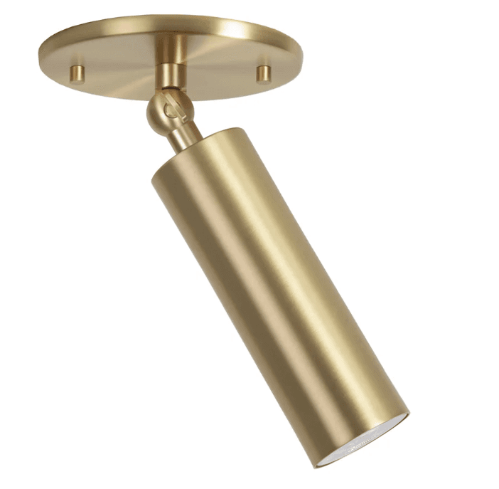 A brushed brass cylindrical directional light fixture with a circular canopy, adjustable head, and integrated light source, designed for surface mounting. — 3D model