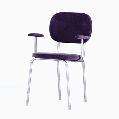A modern armchair with a velvet upholstery in a deep purple color. The chair features a rounded backrest and seat, with slightly curved armrests that transition into a polished metal frame. The frame has a U-shaped base that supports the seat and legs. The armrest tops are also padded and upholstered. — 3D model