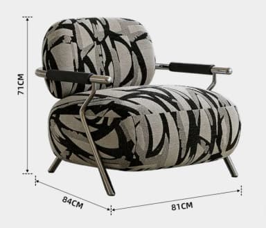 A modern armchair featuring a barrel-style upholstered seat and back, supported by an exposed tubular metal frame that also forms the armrests. The upholstery has a distinctive abstract black, grey, and white pattern. Dimensions are indicated as 71cm (height), 84cm (width), and 81cm (depth). — 3D model