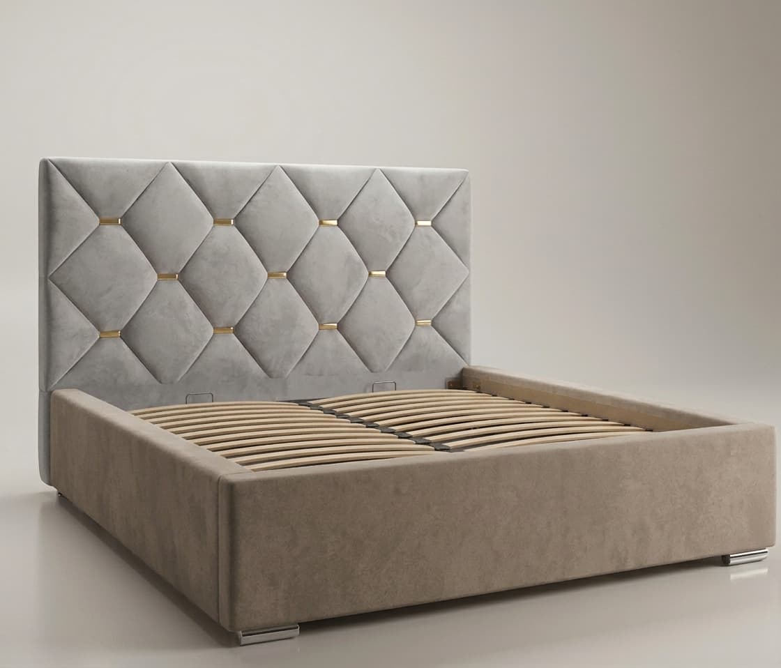 An upholstered platform bed featuring a tall, diamond-tufted headboard with metallic gold accents. The headboard is a light grey or greige velvet-like fabric, while the bed frame is upholstered in a complementary light brown or taupe fabric, also appearing to be velvet or velour. The bed frame sits on low-profile chrome or polished silver feet. A slatted bed base is visible within the frame, indicating it supports a mattress directly without a box spring. — 3D model