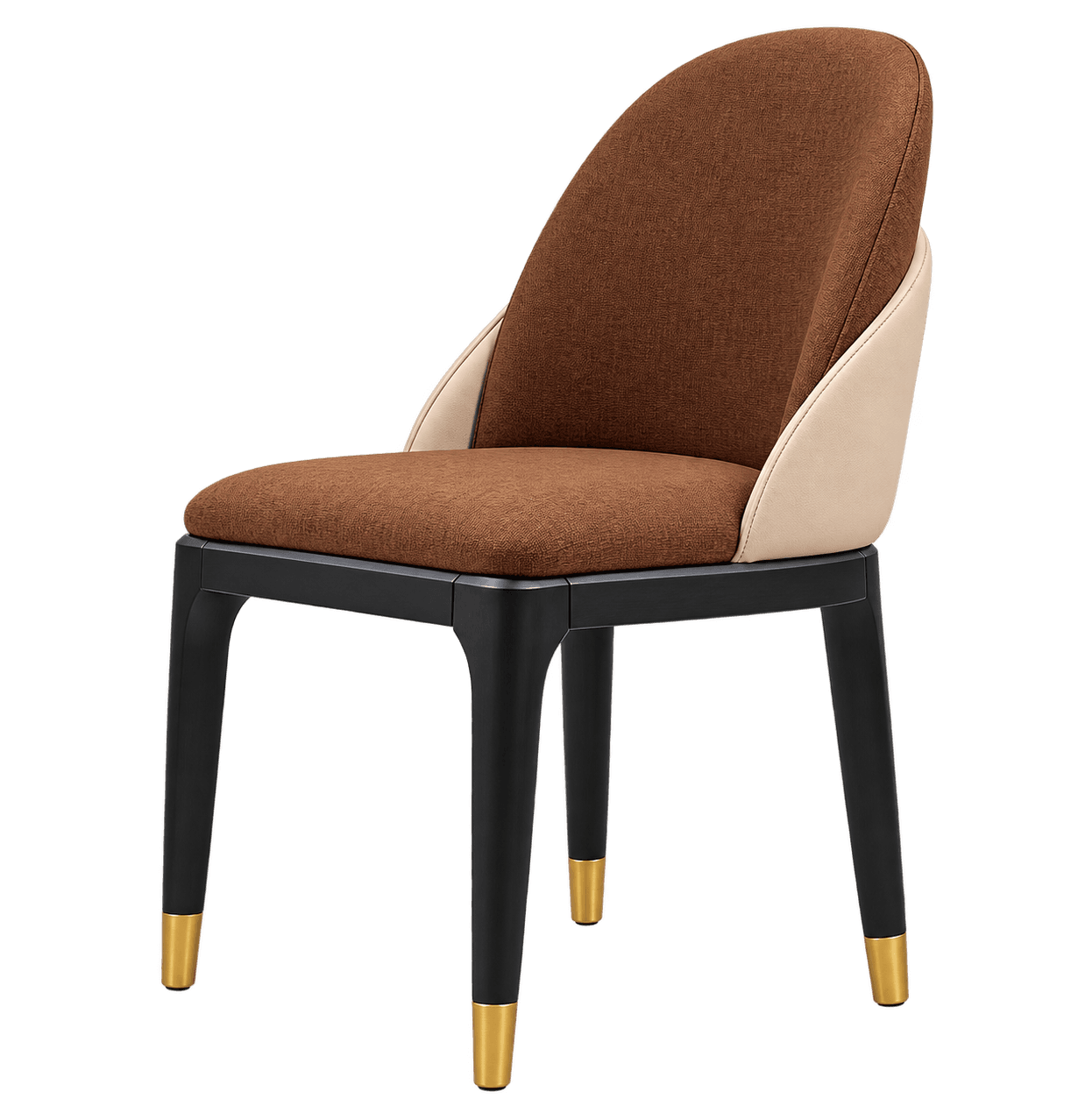 A modern dining chair featuring two-tone fabric and faux leather upholstery, a curved backrest, and black wooden legs with brass caps. — 3D model