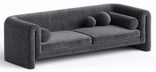 A contemporary upholstered sofa with a distinct rounded armrest design that extends vertically. The sofa features two seat cushions and a backrest, complemented by three decorative throw pillows: one spherical and two cylindrical. The upholstery has a visible textured weave. — 3D model