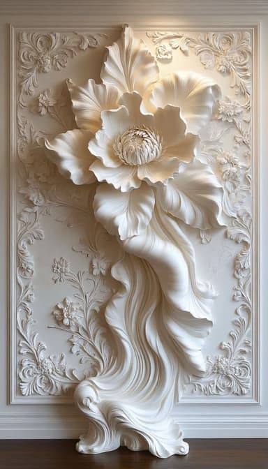 A rectangular, off-white decorative wall panel featuring a high-relief sculpture. The central motif is a large, elaborate flower, possibly a peony, with multiple petals, emanating from a textured core. Below the flower, draped, fabric-like elements flow downwards, adding a sense of movement. The perimeter of the panel is framed by intricate scrollwork and smaller floral and leaf patterns, characteristic of classical or baroque ornamentation. The entire piece is monochromatic, suggesting a material like plaster or resin. — 3D model