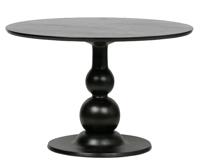 A dark-colored side table with a circular top and a pedestal base. The pedestal features a decorative, stacked spherical design. The overall form is robust and contemporary. — 3D model