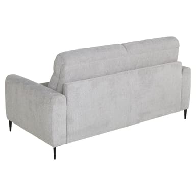 A light grey upholstered three-seater sofa featuring a minimalist contemporary design. It has wide, gently rounded track arms, two loose back cushions, and four slender, tapered black legs. The upholstery is a subtly textured fabric. — 3D model