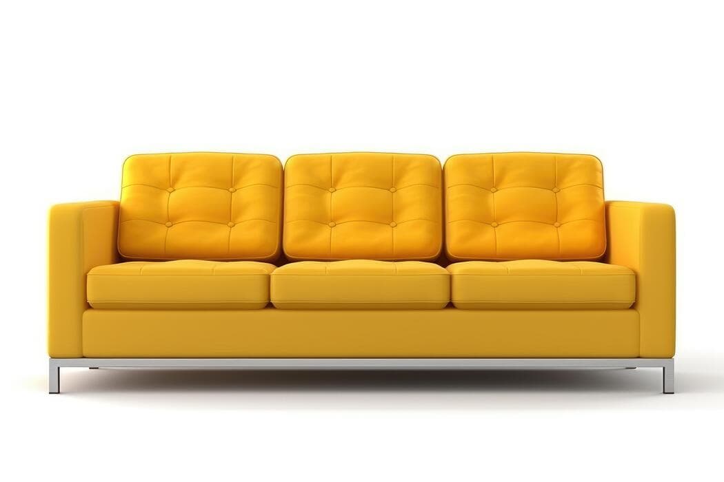 A three-seater sofa with tufted back cushions and a flat seat cushion. The sofa has a modern design with a low profile and is supported by a thin, metallic base. The upholstery appears to be a vibrant yellow fabric. — 3D model